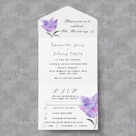 Waterverf Botanische lila Paarse Floral Weddenscha All In One Uitnodiging