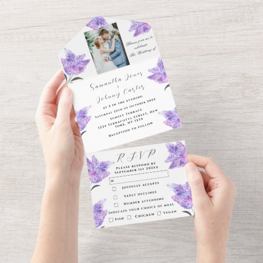 Waterverf Botanische lila Paarse Floral Wedding All In One Uitnodiging (Afscheurbaar)