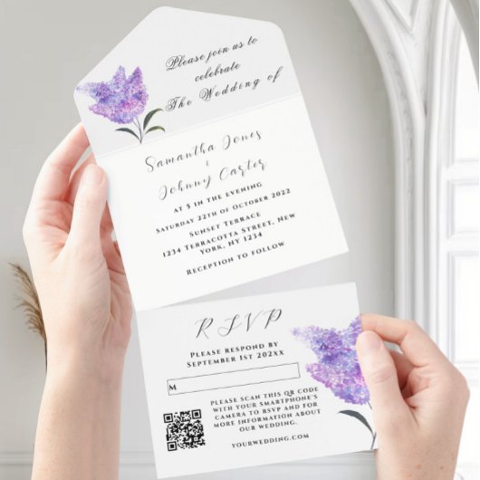 Waterverf Botanische lila Paarse Floral Wedding All In One Uitnodiging