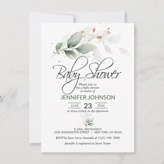 Waterverf Botanische olievlek Greenery Baby shower Kaart (Voorkant)