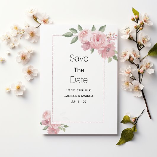 Waterverf botanische pastelroze flora Save The Dat Kaart
