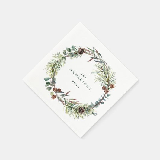 Waterverf Botanische Pine Krans Kerstfeest Servet (Hoek)