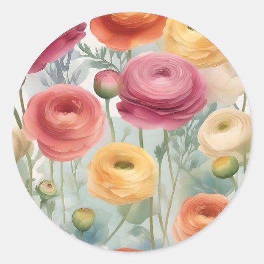 Waterverf Botanische Ranunculus Bloempatroon Ronde Sticker (Voorkant)