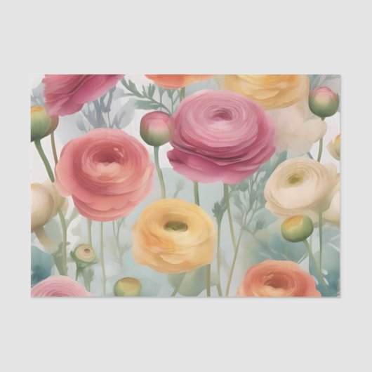 Waterverf Botanische Ranunculus Bloempatroon Tissuepapier (Voorkant)