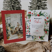 Waterverf Botanische Rode Bessen Foto Kerst Feestdagenkaart