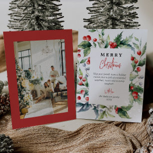 Waterverf Botanische Rode Bessen Foto Kerst Feestdagenkaart