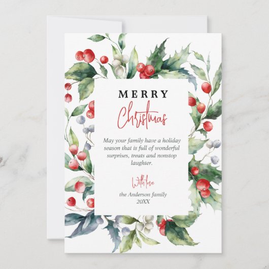 Waterverf botanische rode bessen vrolijk kerstfees feestdagenkaart (Voorkant)