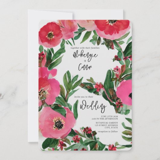 Waterverf Botanische roze Anemone Floral Wedding Kaart (Voorkant)