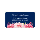 Waterverf Botanische roze bloemen marineblauw Etiket (Voorkant)