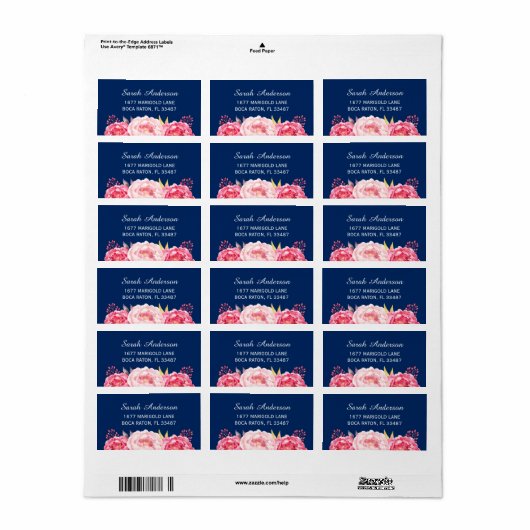 Waterverf Botanische roze bloemen marineblauw Etiket (Full Sheet)