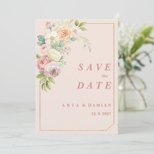 Waterverf botanische roze bloemen Save the Date Kaart (Staand voorkant)