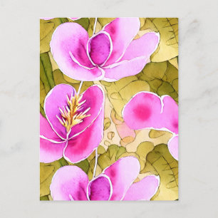 Waterverf Botanische Roze en Gouden Bloem Briefkaart