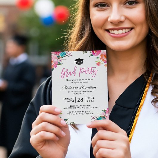 Waterverf Botanische roze Floral Graduy Party Kaart