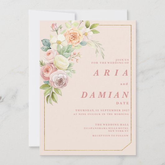 Waterverf botanische roze lente bloemenbruiloft kaart (Voorkant)