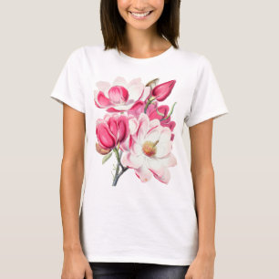 Waterverf Botanische Roze Magnolia Flowers T-shirt