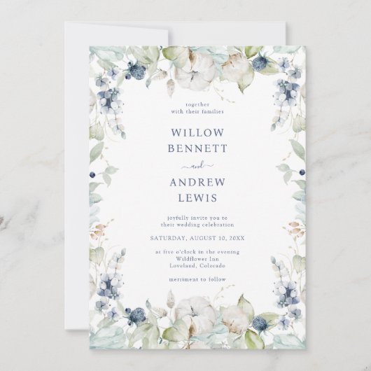 Waterverf Botanische Sage Navy Bruiloft Kaart (Voorkant)