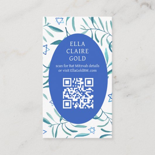Waterverf Botanische Star David Bar Bat Mitzvah QR Informatiekaartje (Voorkant)