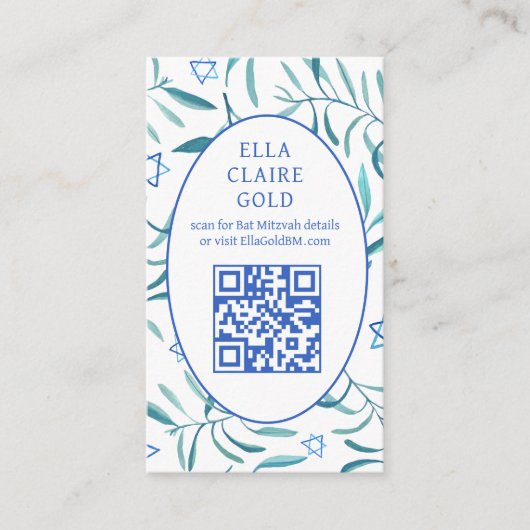 Waterverf Botanische Star David Bar Bat Mitzvah QR Informatiekaartje (Voorkant)