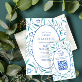 Waterverf Botanische Star David Bar Bat Mitzvah QR Informatiekaartje