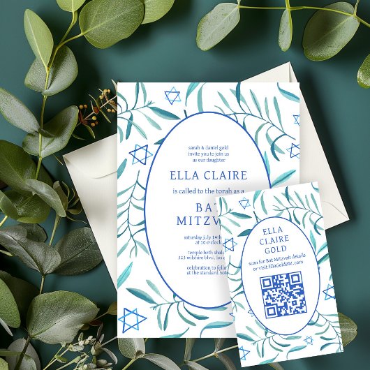 Waterverf Botanische Star David Bar Bat Mitzvah QR Informatiekaartje