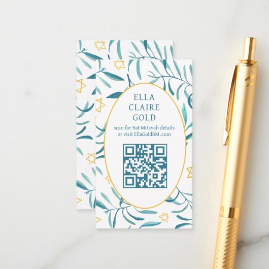 Waterverf Botanische Star David Bar Bat Mitzvah QR Informatiekaartje (Voorkant / Achterkant in situ)