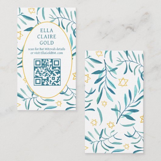 Waterverf Botanische Star David Bar Bat Mitzvah QR Informatiekaartje (Voorkant / Achterkant)