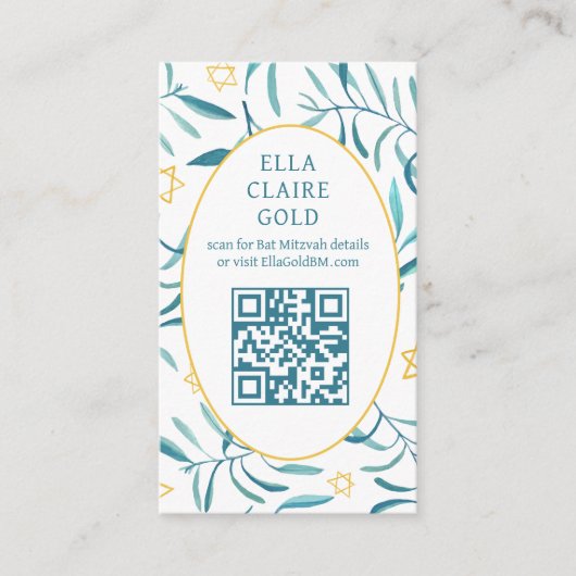 Waterverf Botanische Star David Bar Bat Mitzvah QR Informatiekaartje (Voorkant)