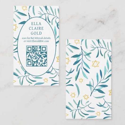 Waterverf Botanische Star David Bar Bat Mitzvah QR Informatiekaartje (Voorkant / Achterkant)
