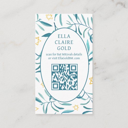 Waterverf Botanische Star David Bar Bat Mitzvah QR Informatiekaartje (Voorkant)