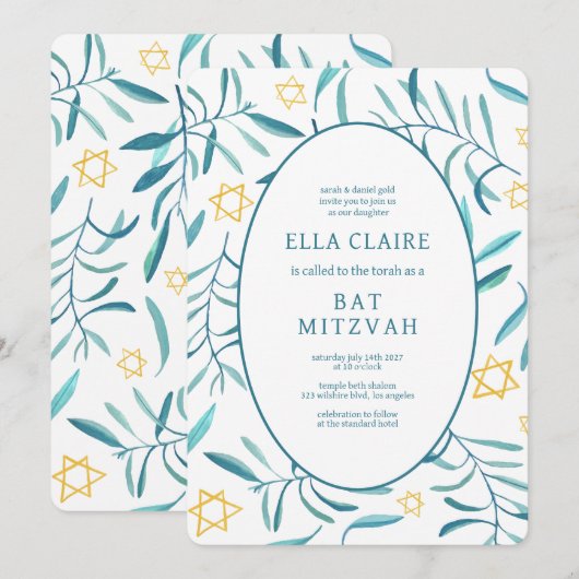Waterverf Botanische Star van David Bar Bat Mitzva Kaart (Voorkant / Achterkant)