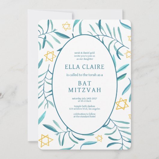 Waterverf Botanische Star van David Bar Bat Mitzva Kaart (Voorkant)