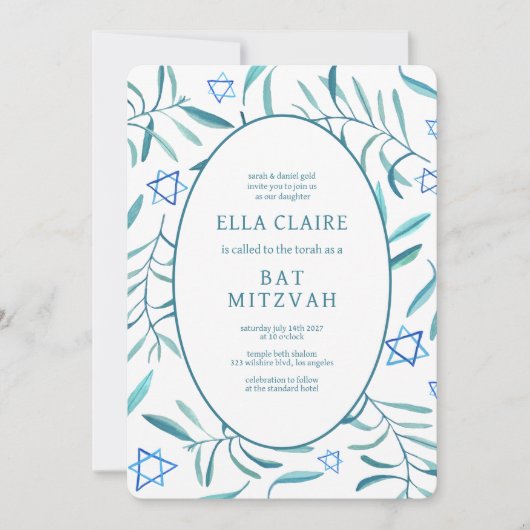 Waterverf Botanische Star van David Bar Bat Mitzva Kaart (Voorkant)