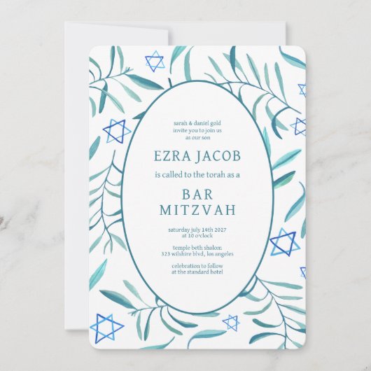 Waterverf Botanische Star van David Bar Bat Mitzva Kaart (Voorkant)