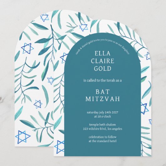 Waterverf Botanische Star van David Bar Bat Mitzva Kaart (Voorkant / Achterkant)