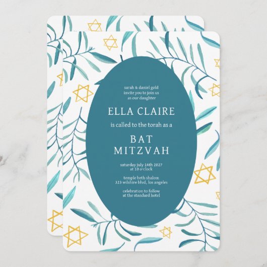 Waterverf Botanische Star van David Bar Bat Mitzva Kaart (Voorkant / Achterkant)