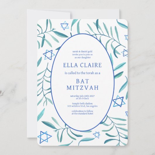 Waterverf Botanische Star van David Bar Bat Mitzva Kaart (Voorkant)