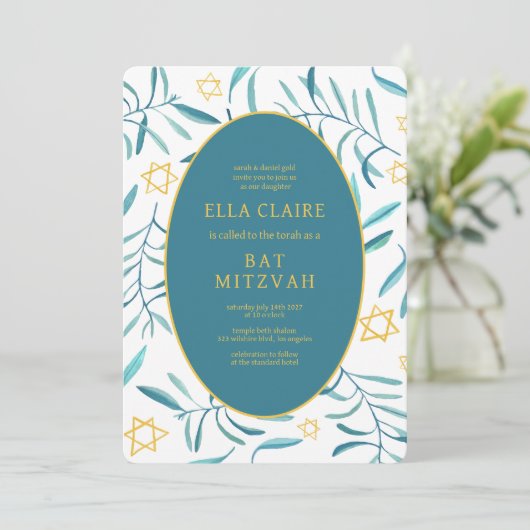 Waterverf Botanische Star van David Bar Bat Mitzva Kaart (Staand voorkant)