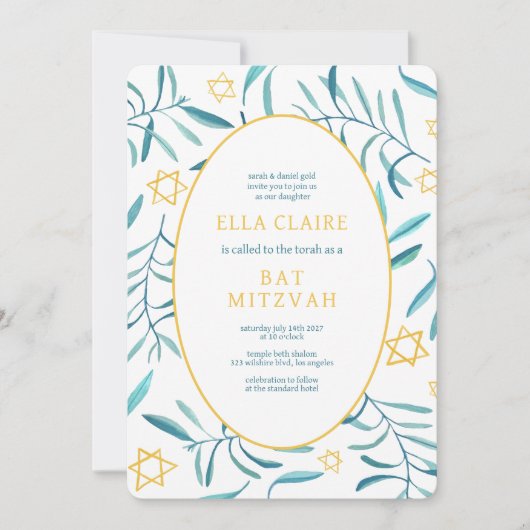 Waterverf Botanische Star van David Bar Bat Mitzva Kaart (Voorkant)