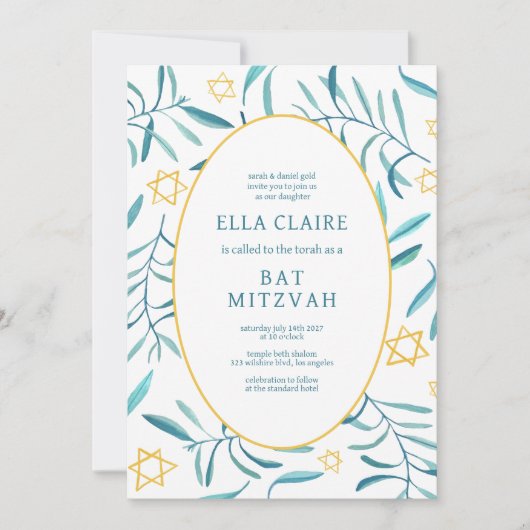 Waterverf botanische ster bar bat mitswa foto kaart (Voorkant)