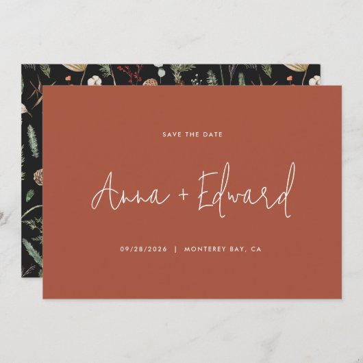 Waterverf botanische terracotta save the date (Voorkant / Achterkant)