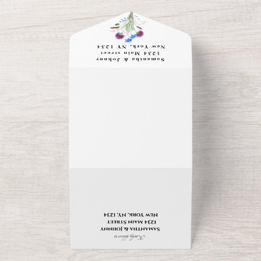 Waterverf Botanische Thistle Simple Floral Wedding All In One Uitnodiging (Buitenkant)