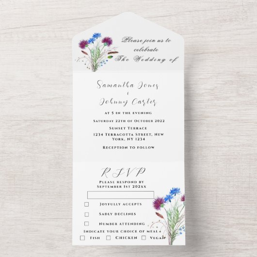 Waterverf Botanische Thistle Simple Floral Wedding All In One Uitnodiging (Binnen)
