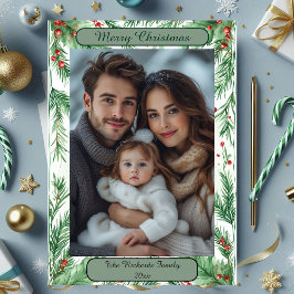 Waterverf Botanische Vintage Groene Kerst Foto Feestdagenkaart