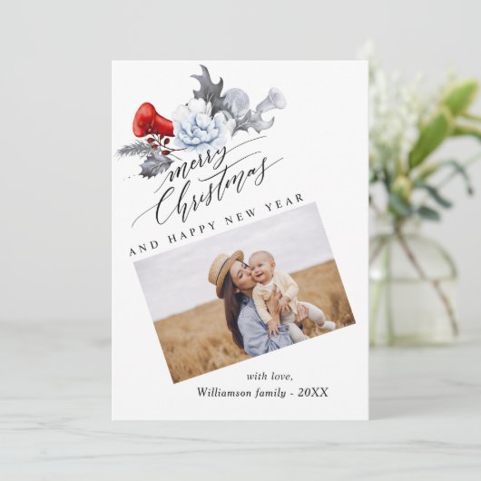 Waterverf Botanische Vrolijke Kerstfoto Feestdagenkaart (Staand voorkant)