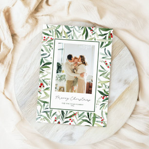 Waterverf Botanische Vrolijke Kerstfoto Feestdagenkaart