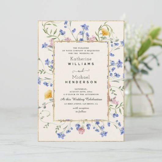 Waterverf Botanische Wildflower & QR Code Wedding Kaart (Staand voorkant)