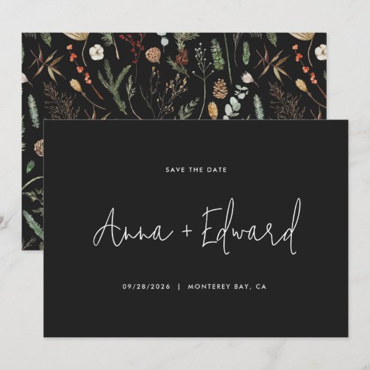 Waterverf botanische zwarte moderne minimum save the date (Voorkant / Achterkant)