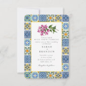 Waterverf bougainvillea Blauwe tegel Bruiloft Kaart (Voorkant)