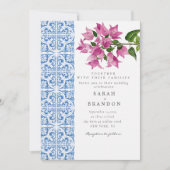 Waterverf Bougainvillea Blauwe tegels Bruiloft Kaart (Voorkant)