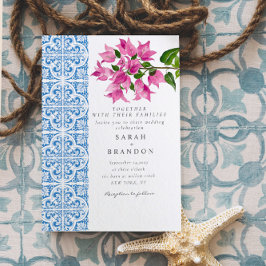 Waterverf Bougainvillea Blauwe tegels Bruiloft Kaart